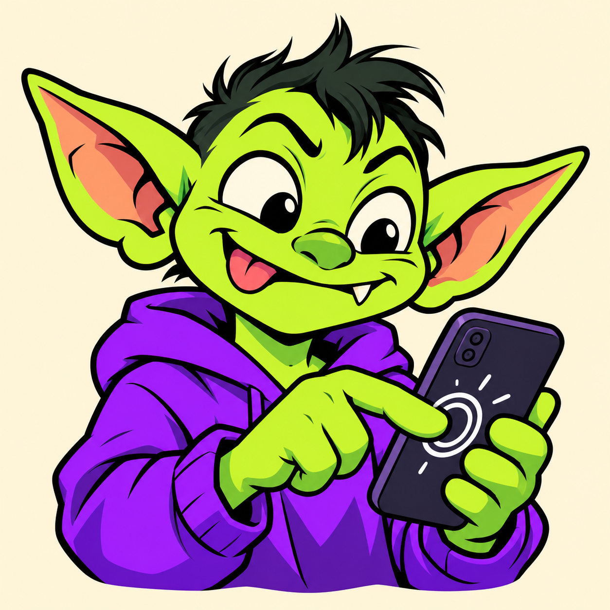 A friendly green goblin in a purple hoodie tapping a smartphone.